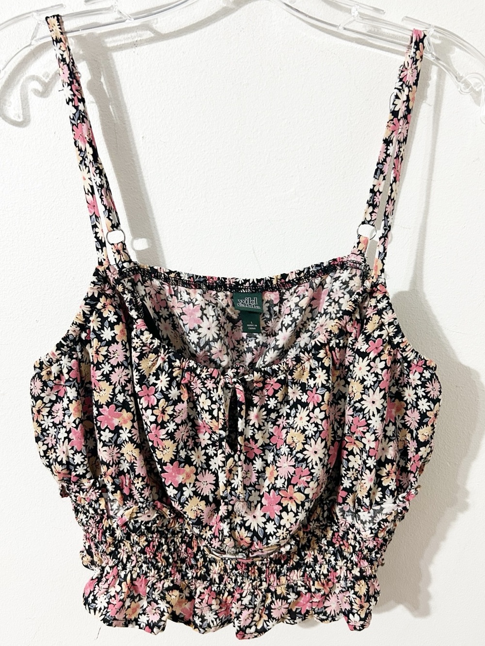 Wild Fable Floral Crop Top Black Multi Floral Print Smocked Waist Size Large